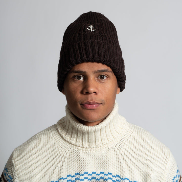 LUXURY WOOL BEANIE WITH ANCHOR BROWN
