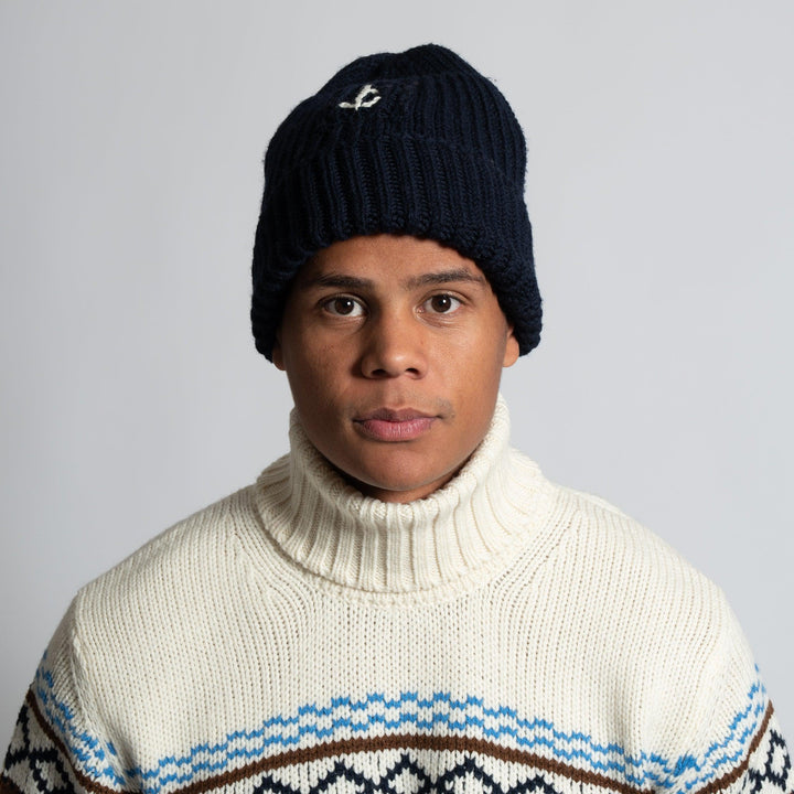 LUXURY WOOL BEANIE WITH ANCHOR NAVY